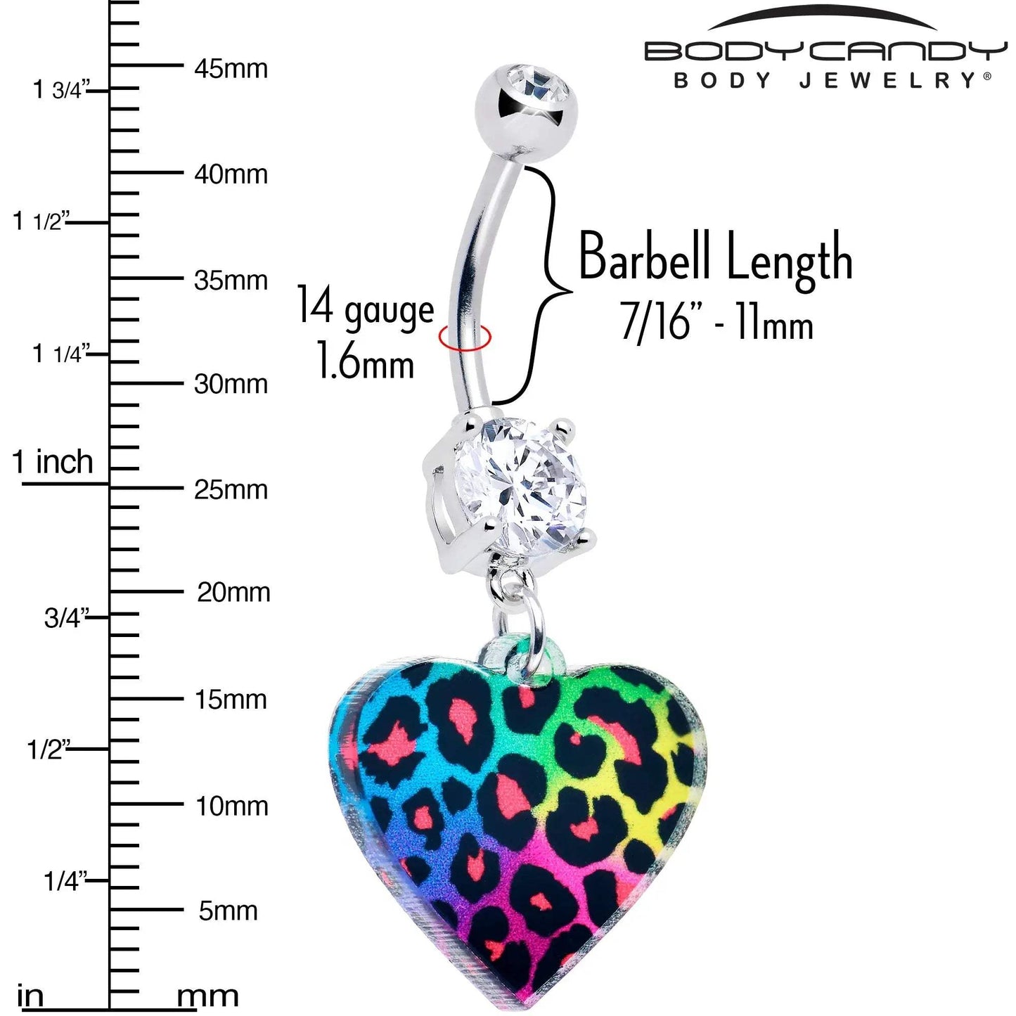 Acrylicious Rainbow Cheetah Print Heart Dangle Belly Ring by Onyx O - BodyCandy - Flyclothing LLC