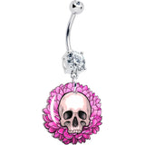 Clear Gem Blooming Pink Flower Skull Dangle Belly Ring by Onyx O - BodyCandy - Flyclothing LLC