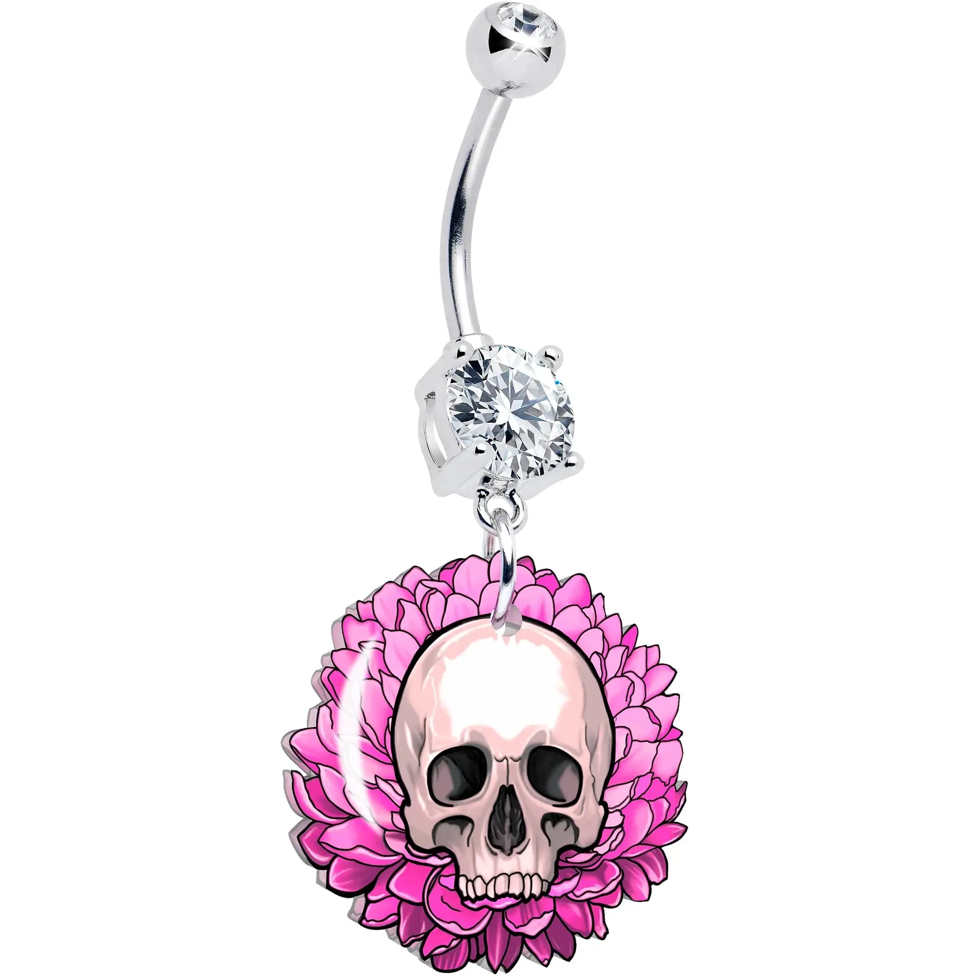 Clear Gem Blooming Pink Flower Skull Dangle Belly Ring by Onyx O - BodyCandy - Flyclothing LLC