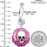 Clear Gem Blooming Pink Flower Skull Dangle Belly Ring by Onyx O - BodyCandy - Flyclothing LLC