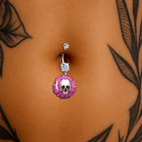 Clear Gem Blooming Pink Flower Skull Dangle Belly Ring by Onyx O - BodyCandy - Flyclothing LLC