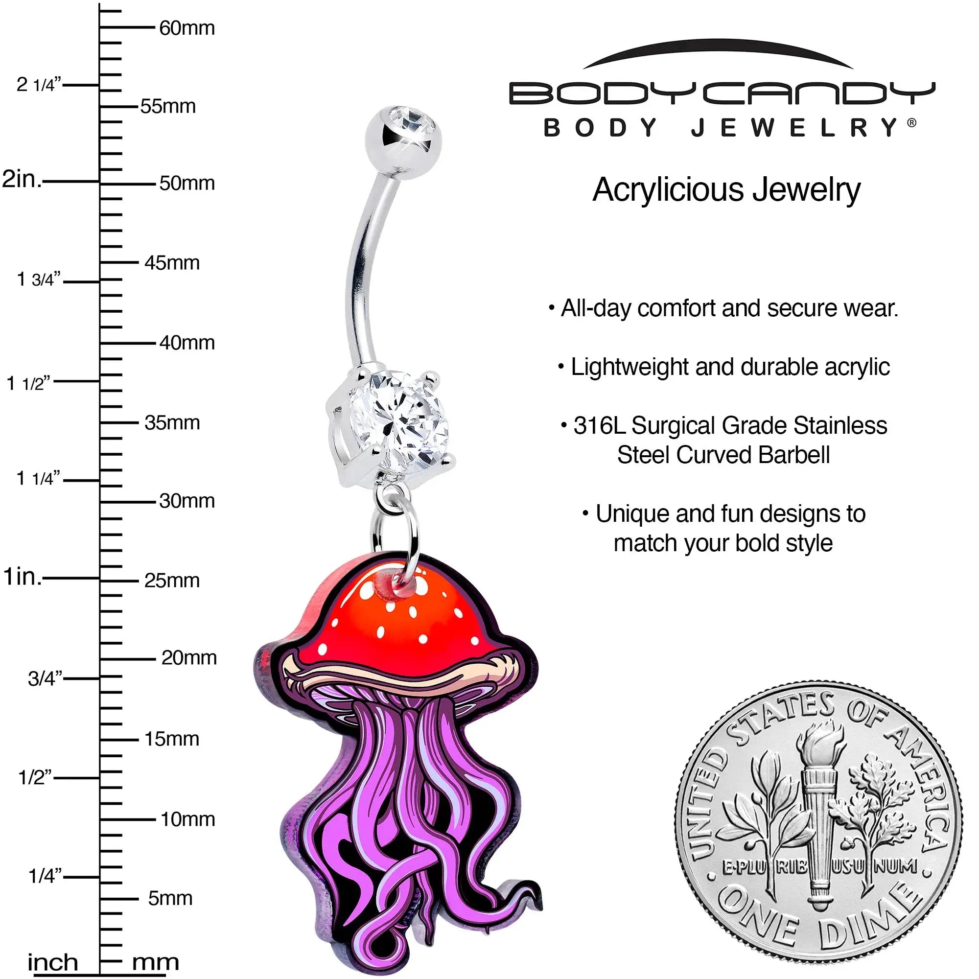 Double Gem Mushroom Jellyfish Dangle Belly Ring by Onyx O - BodyCandy - Flyclothing LLC