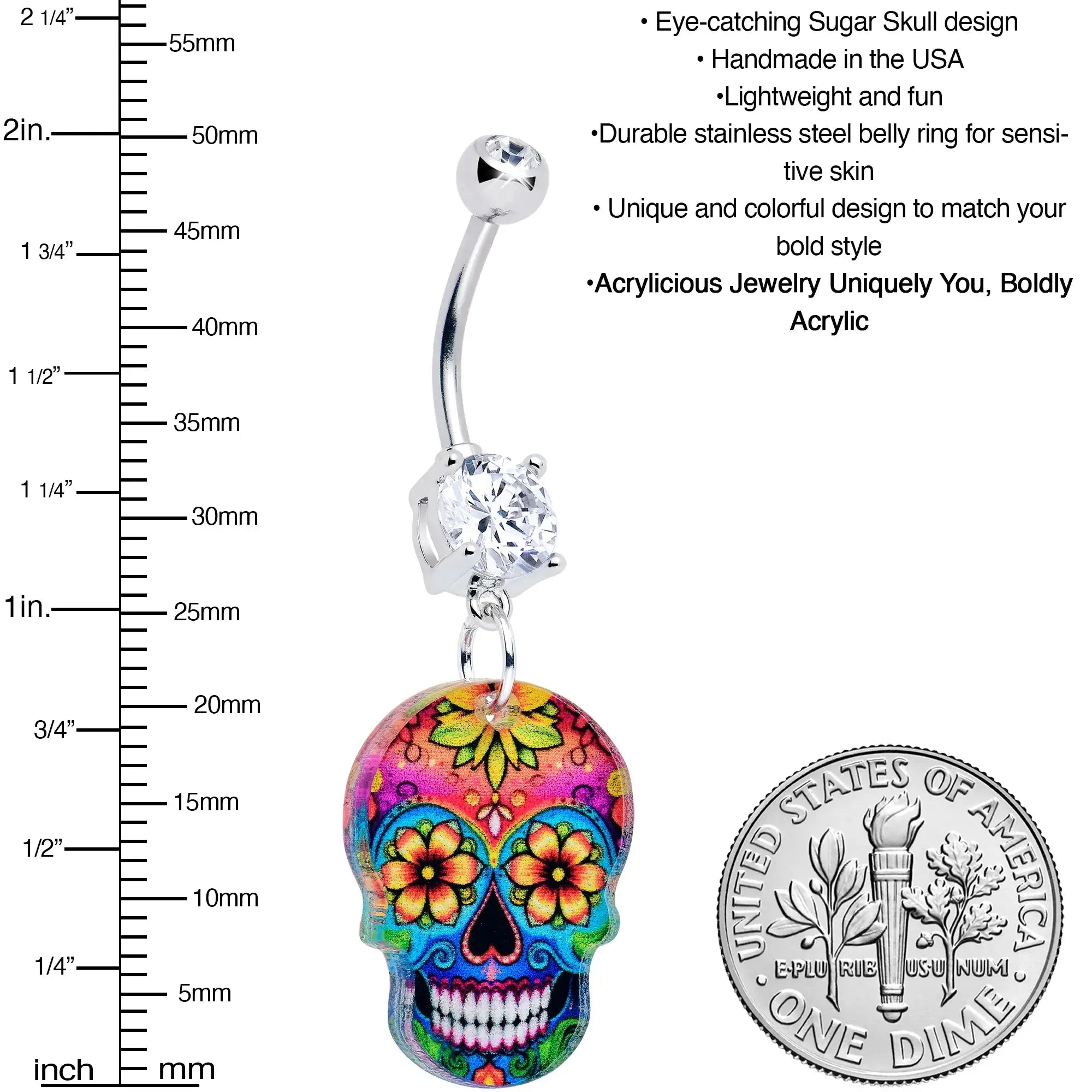 Acrylicious Vibrant Vibes Sugar Skull Dangle Belly Ring - BodyCandy - Flyclothing LLC