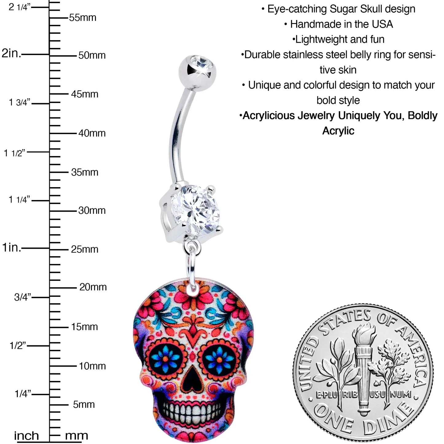 Acrylicious Happy Sugar Skull Dangle Belly Ring - BodyCandy - Flyclothing LLC