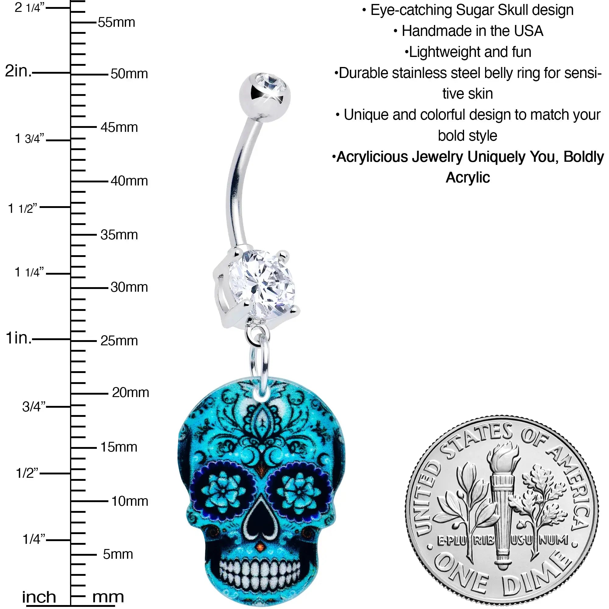 Acrylicious Shades of Aqua Sugar Skull Dangle Belly Ring - BodyCandy - Flyclothing LLC