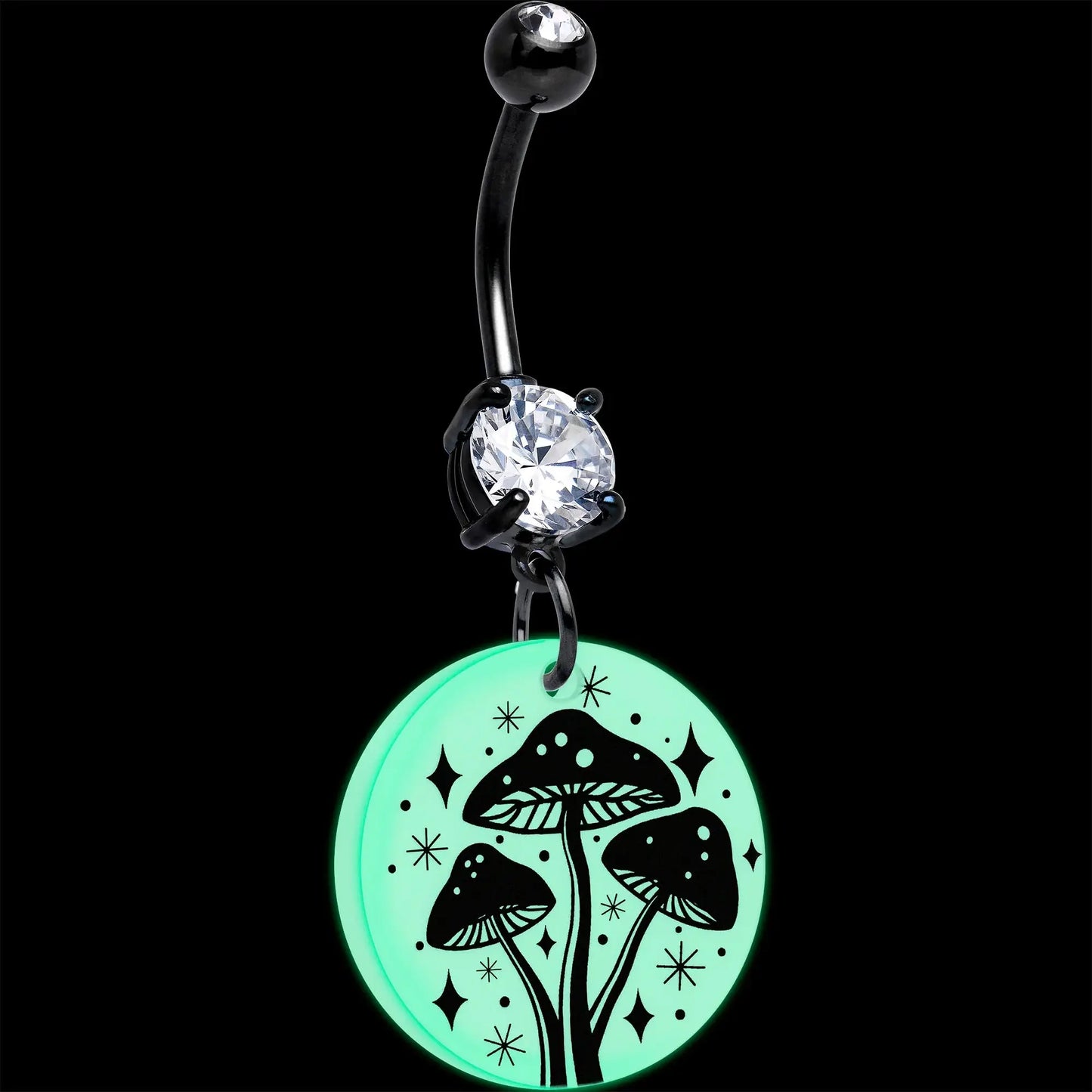 Black Double Gem Glow in the Dark Mystic Mushroom Dangle Belly Ring by Onyx O - BodyCandy - Flyclothing LLC