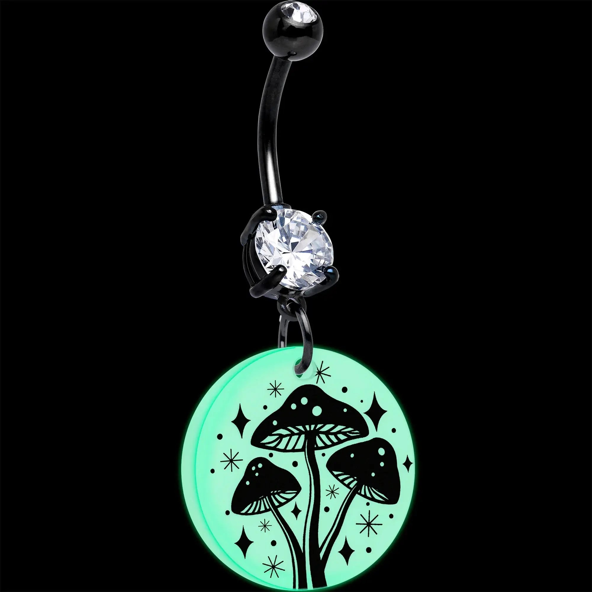Black Double Gem Glow in the Dark Mystic Mushroom Dangle Belly Ring by Onyx O - BodyCandy - Flyclothing LLC