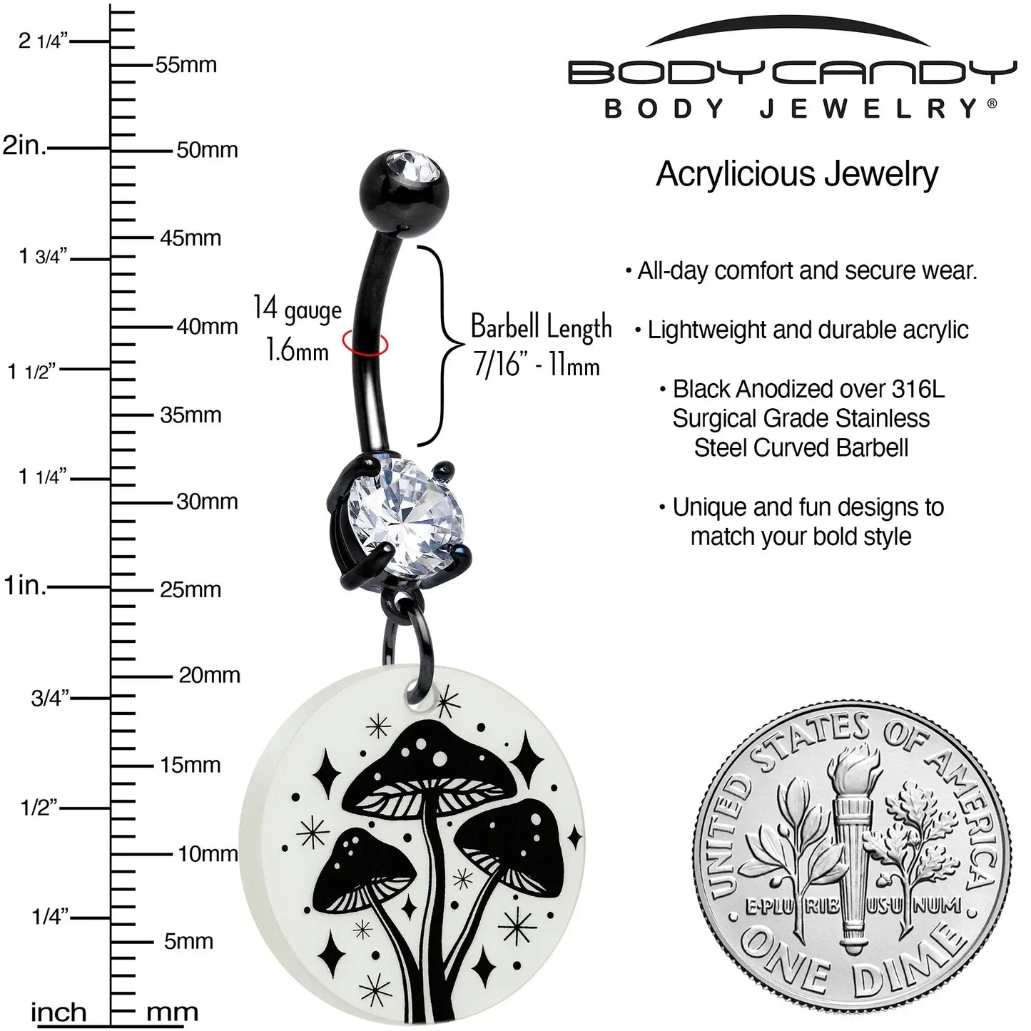 Black Double Gem Glow in the Dark Mystic Mushroom Dangle Belly Ring by Onyx O - BodyCandy - Flyclothing LLC