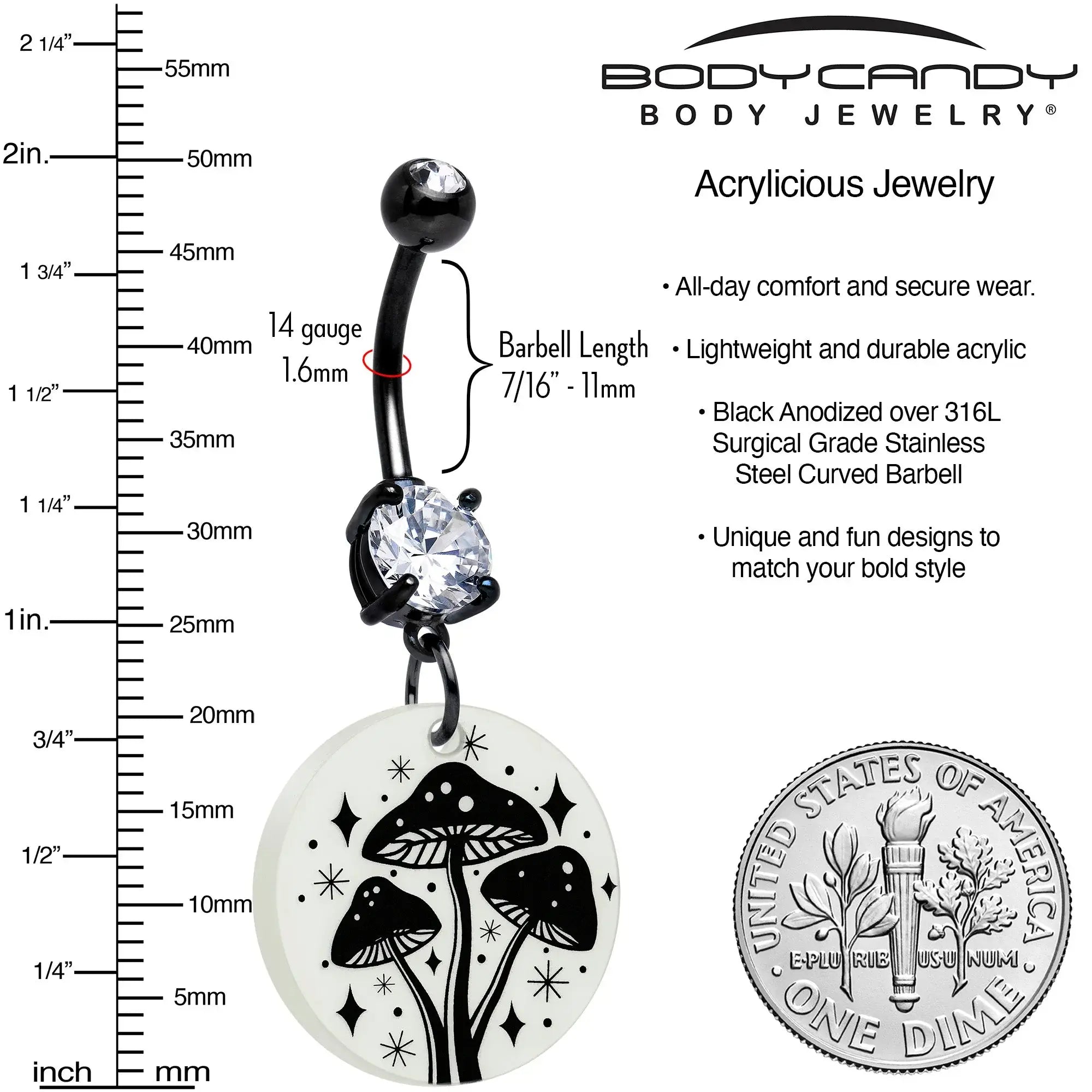 Black Double Gem Glow in the Dark Mystic Mushroom Dangle Belly Ring by Onyx O - BodyCandy - Flyclothing LLC
