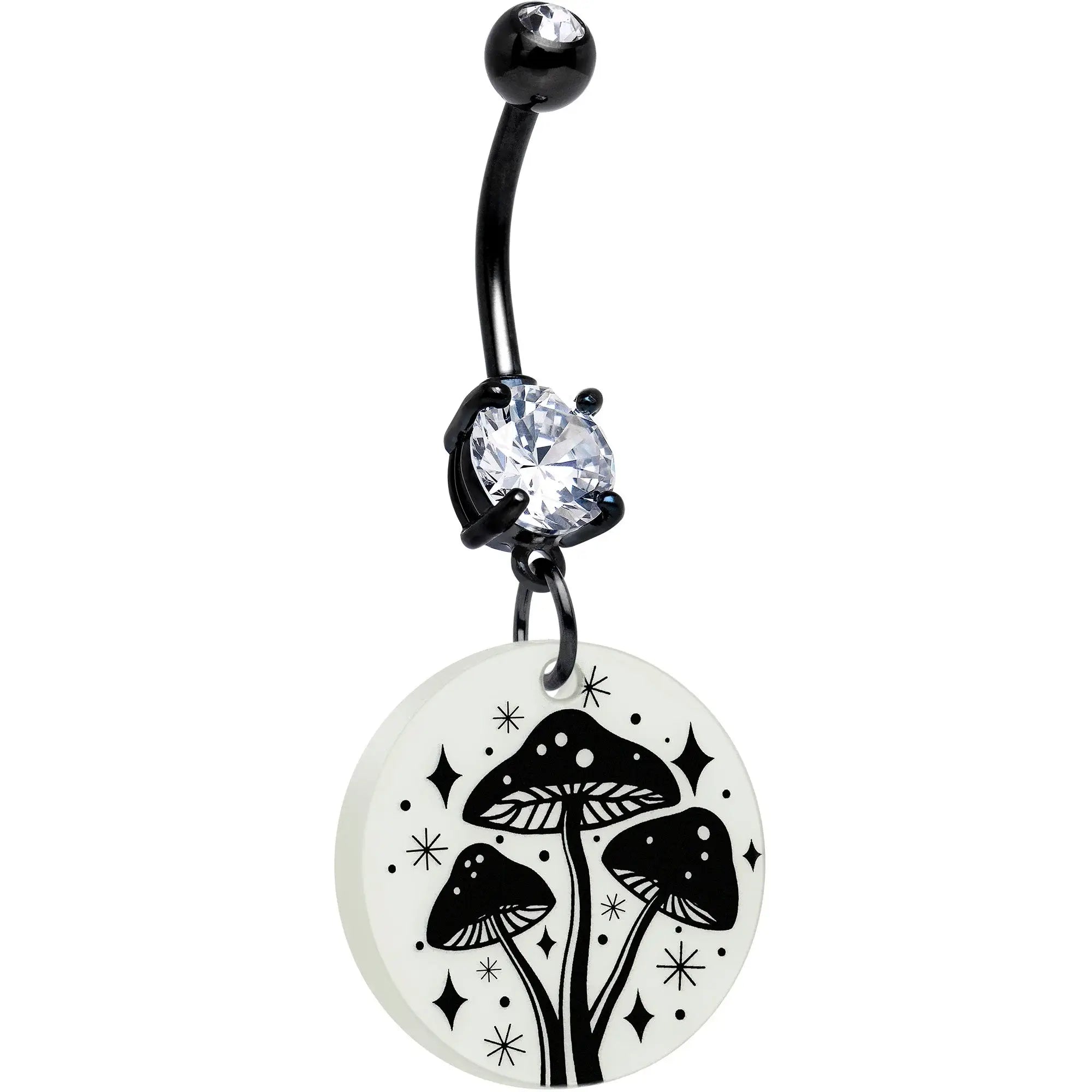 Black Double Gem Glow in the Dark Mystic Mushroom Dangle Belly Ring by Onyx O - BodyCandy - Flyclothing LLC