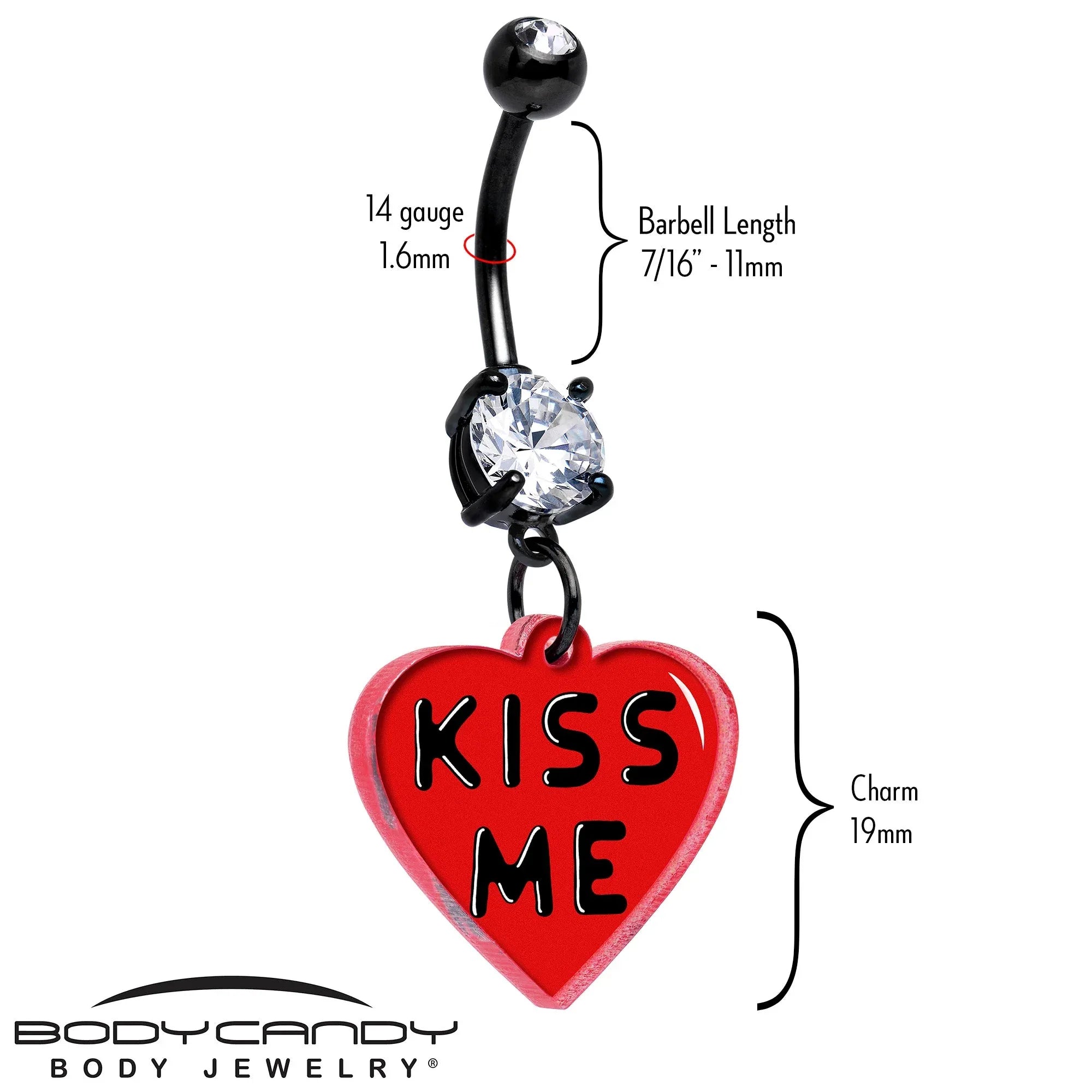Black Double Gem Kiss Me Heart Dangle Belly Ring by Onyx O - BodyCandy - Flyclothing LLC