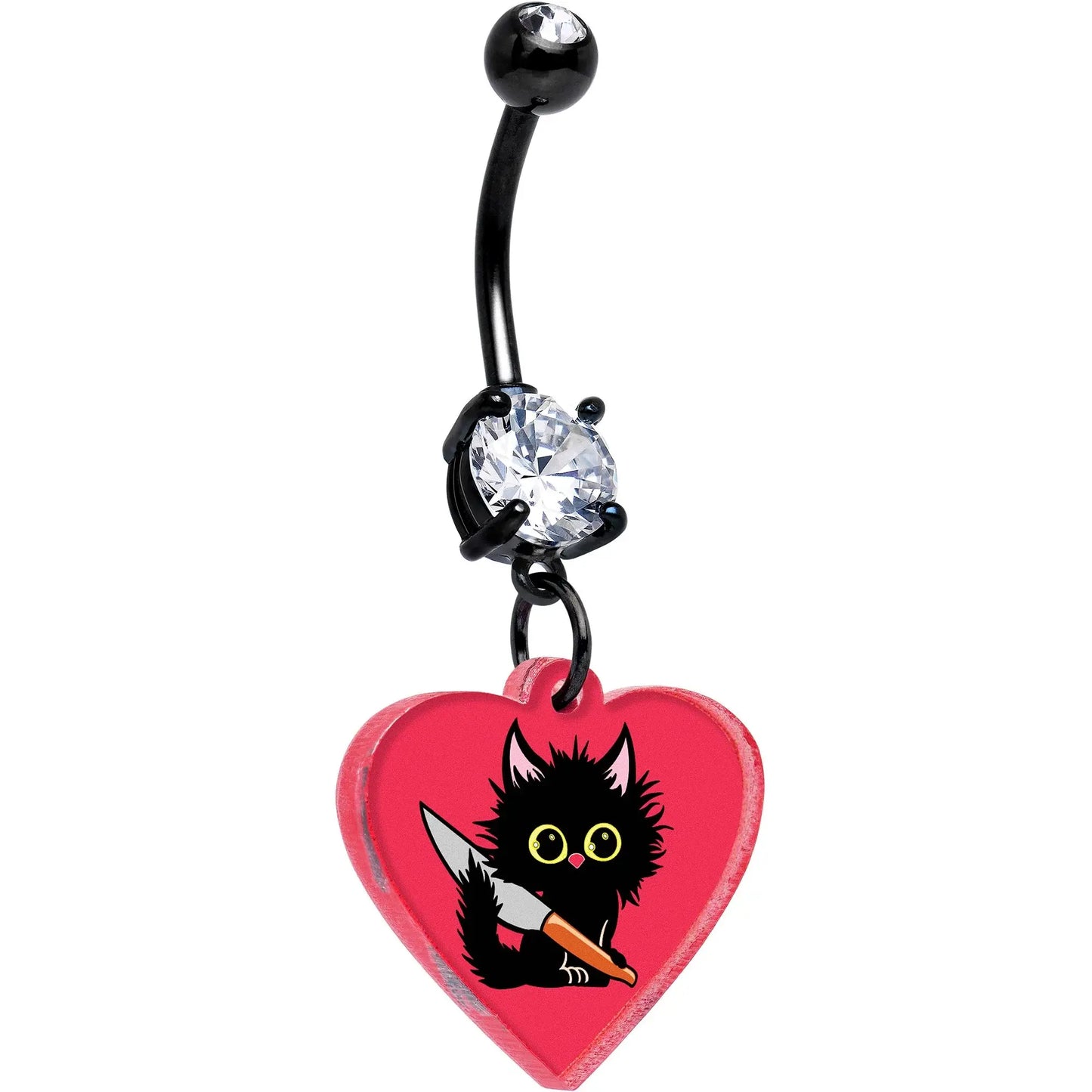 Black Double Gem Heart Staby Cat Dangle Belly Ring by Onyx O - BodyCandy - Flyclothing LLC
