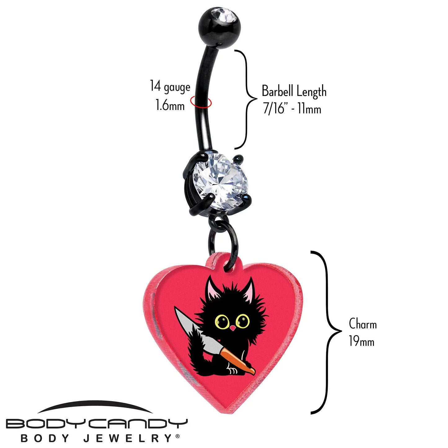 Black Double Gem Heart Staby Cat Dangle Belly Ring by Onyx O - BodyCandy - Flyclothing LLC