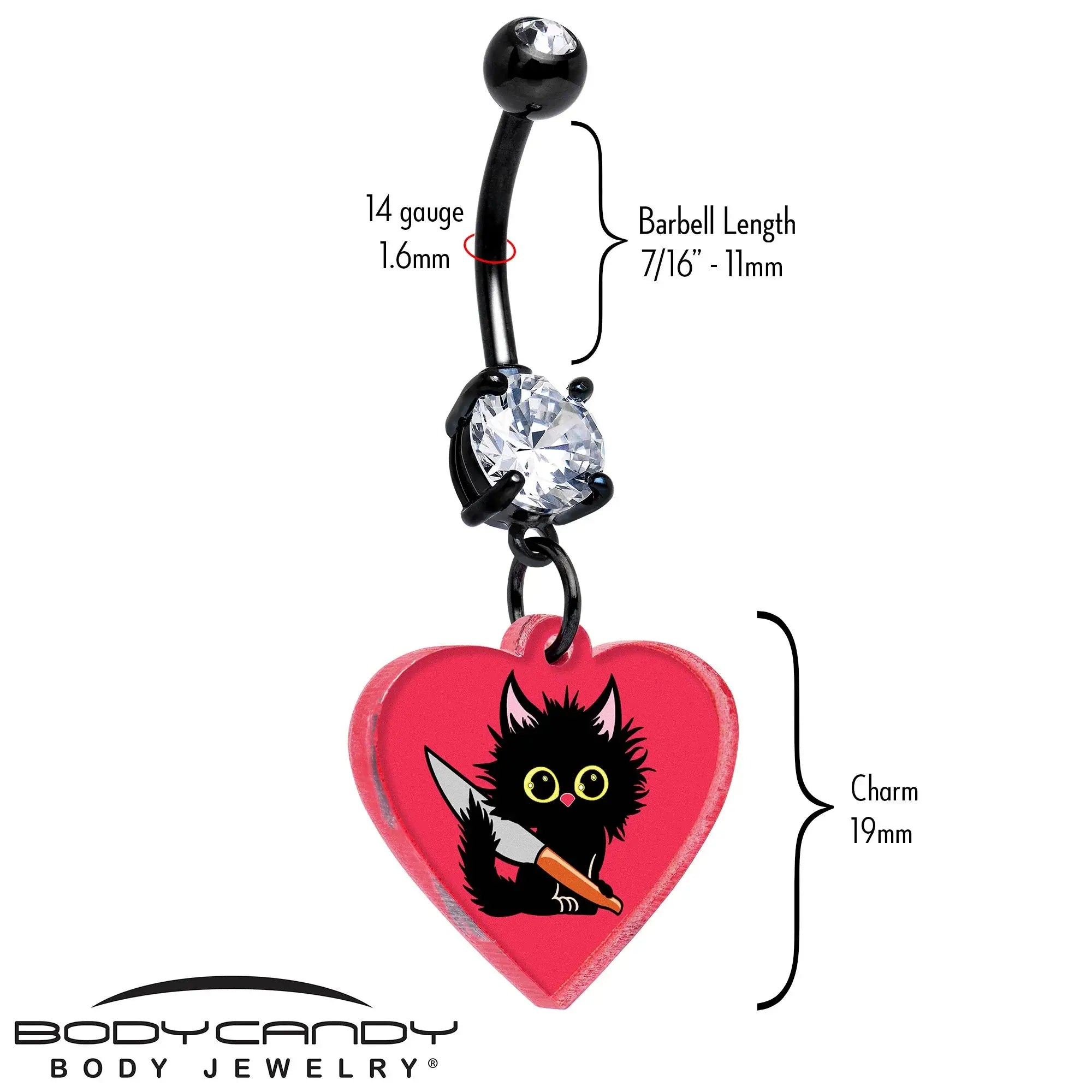 Black Double Gem Heart Staby Cat Dangle Belly Ring by Onyx O - BodyCandy - Flyclothing LLC