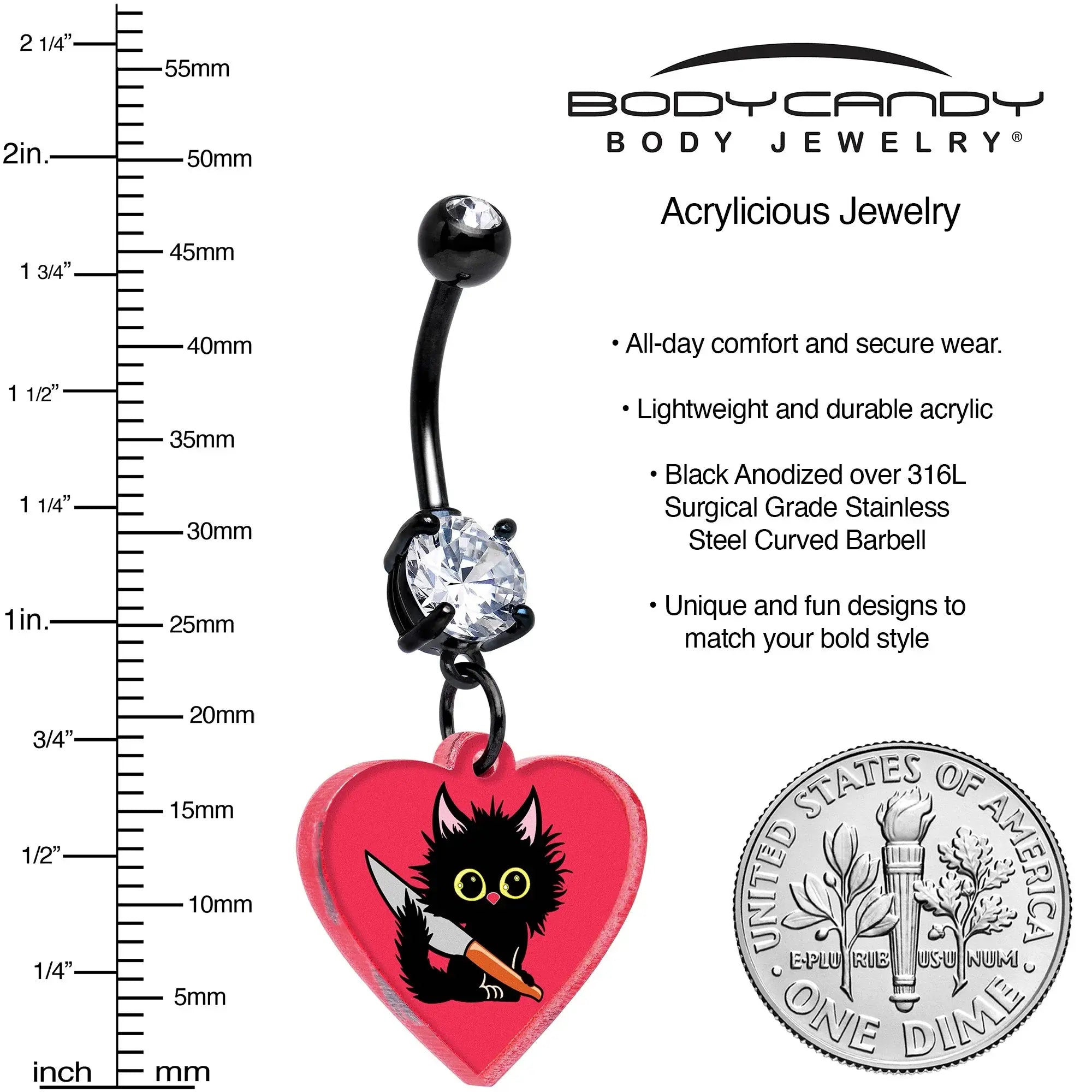 Black Double Gem Heart Staby Cat Dangle Belly Ring by Onyx O - BodyCandy - Flyclothing LLC