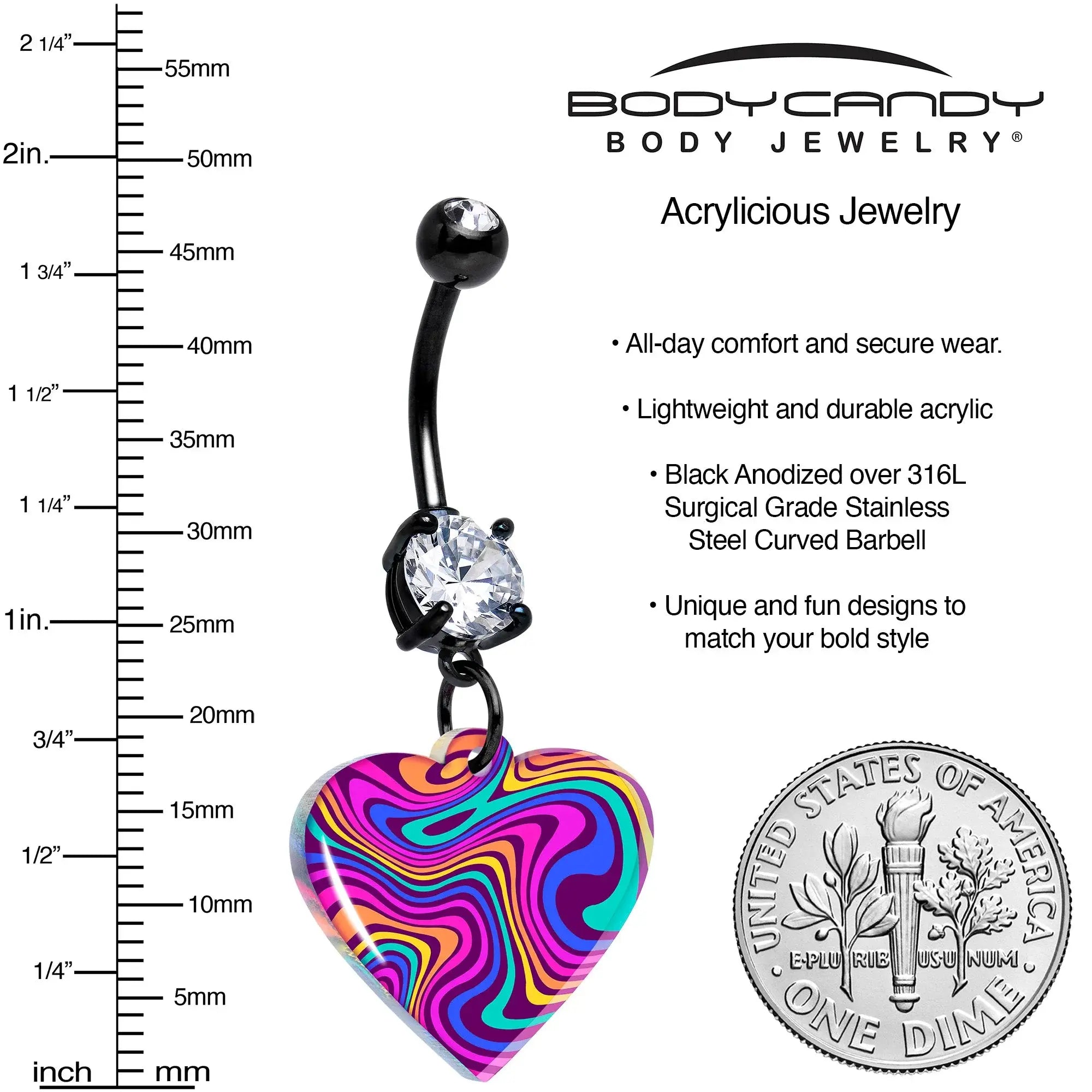 Black Double Gem Swirling Heart Dangle Belly Ring by Onyx O - BodyCandy - Flyclothing LLC