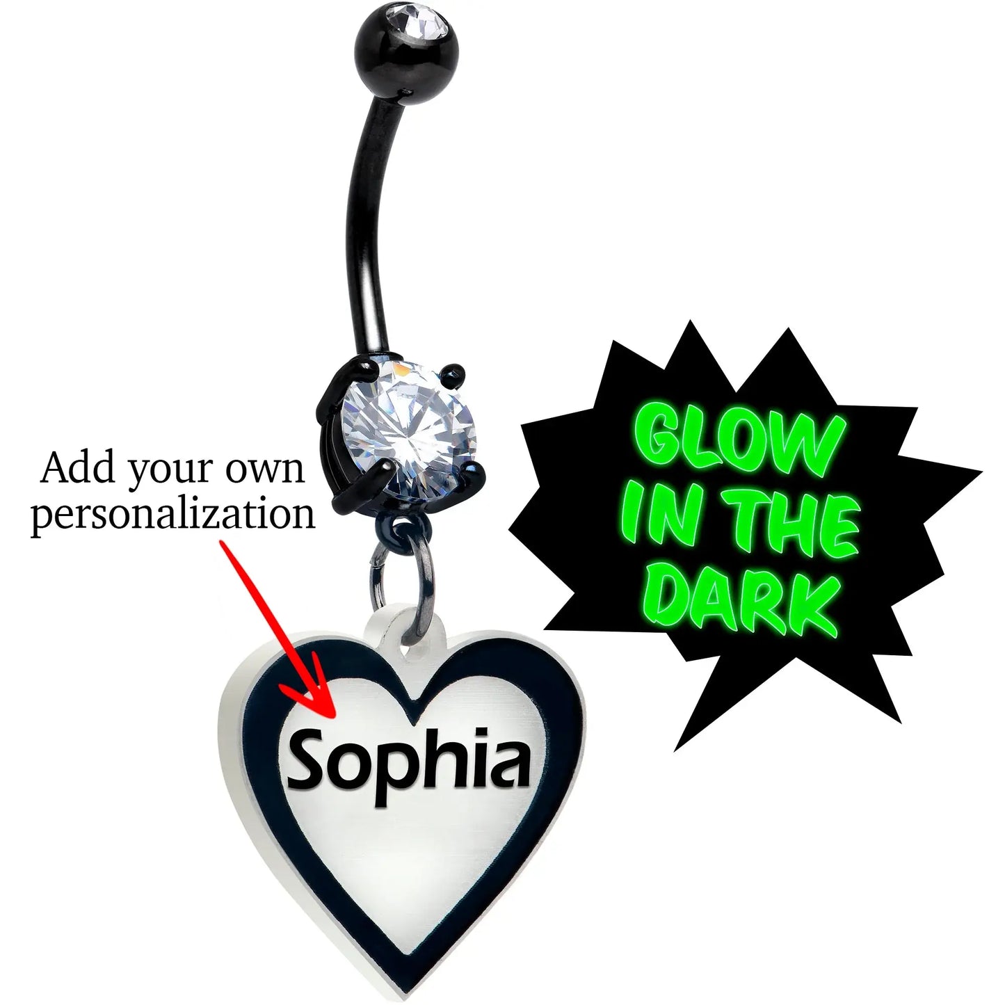 Custom Glow in the Dark Heart Dangle Personalized Belly Ring - BodyCandy - Flyclothing LLC