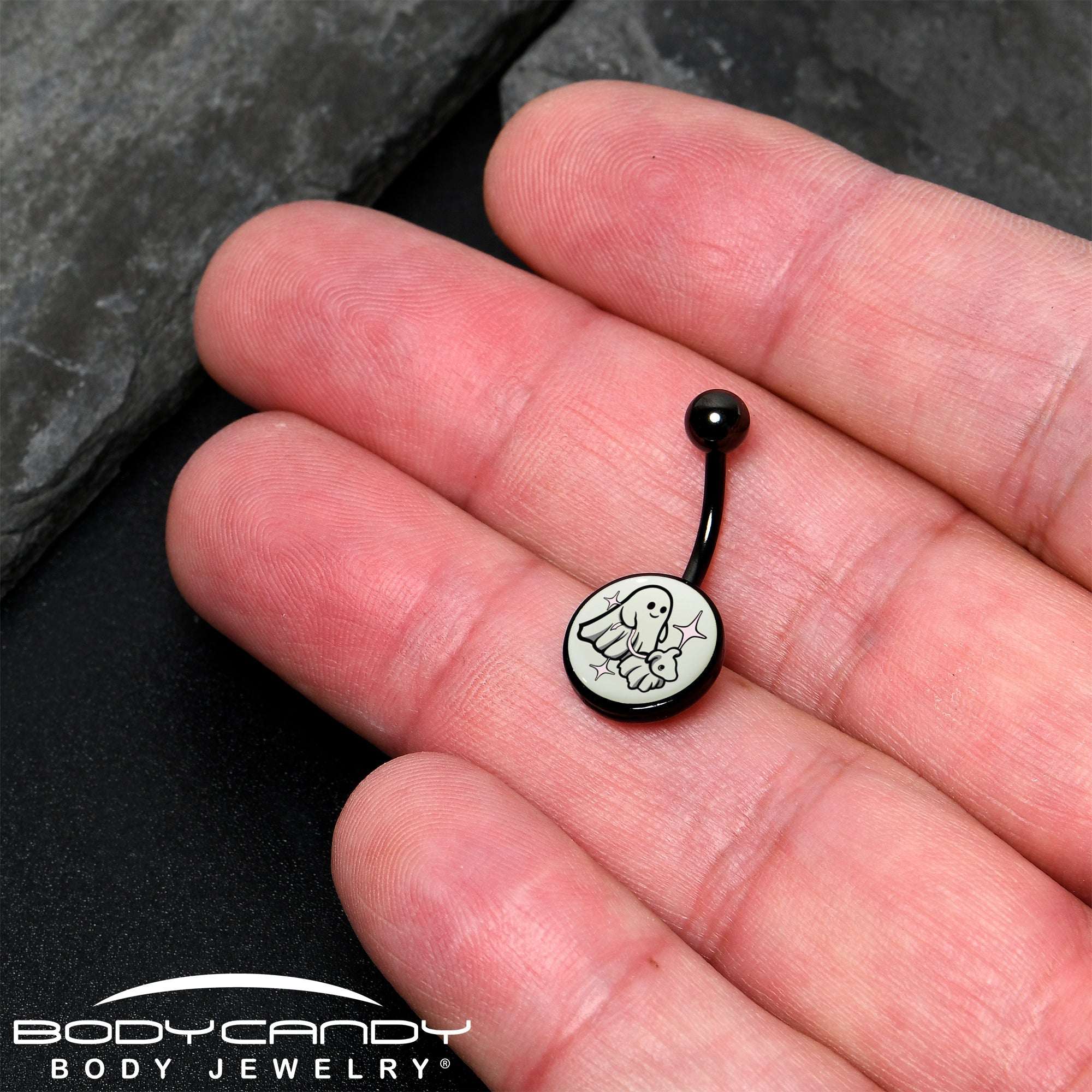 Black Anodized Glow in the Dark Halloween Ghost Dog Walker Belly Ring by Onyx O