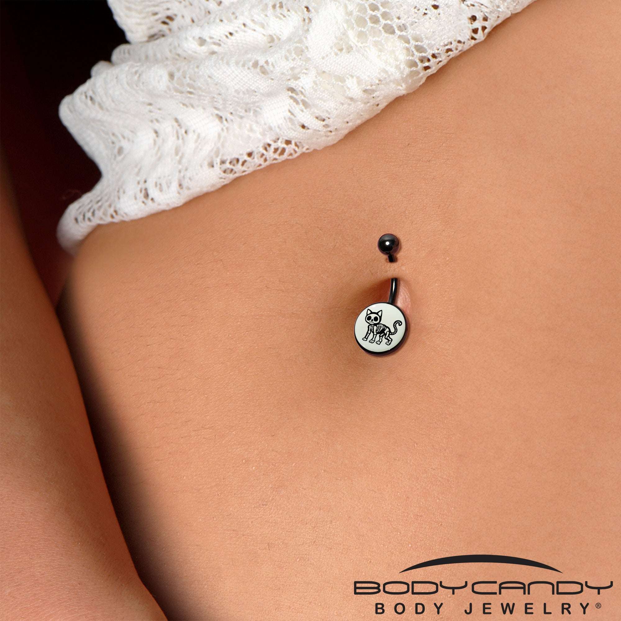 Black Anodized Glow in the Dark Skeleton Kitty Cat Belly Ring by Onyx O