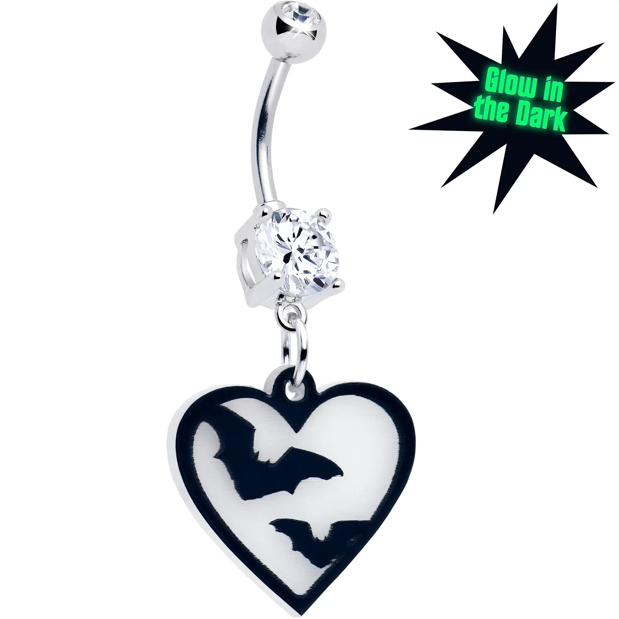 Flying Bat Heart Glow in the Dark Dangle Belly Ring by Onyx O - BodyCandy - Flyclothing LLC