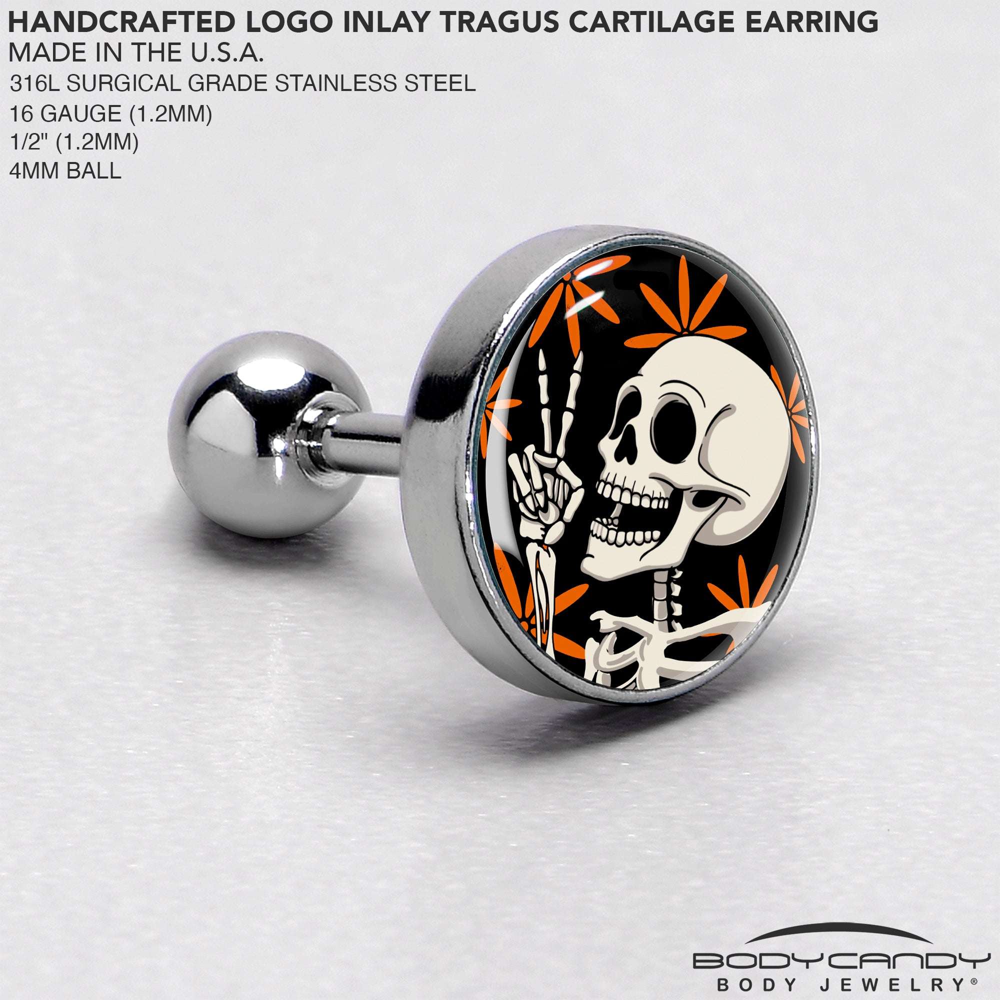 16G 1/4 Peace Sign Skeleton Tragus Cartilage Earring by Onyx O