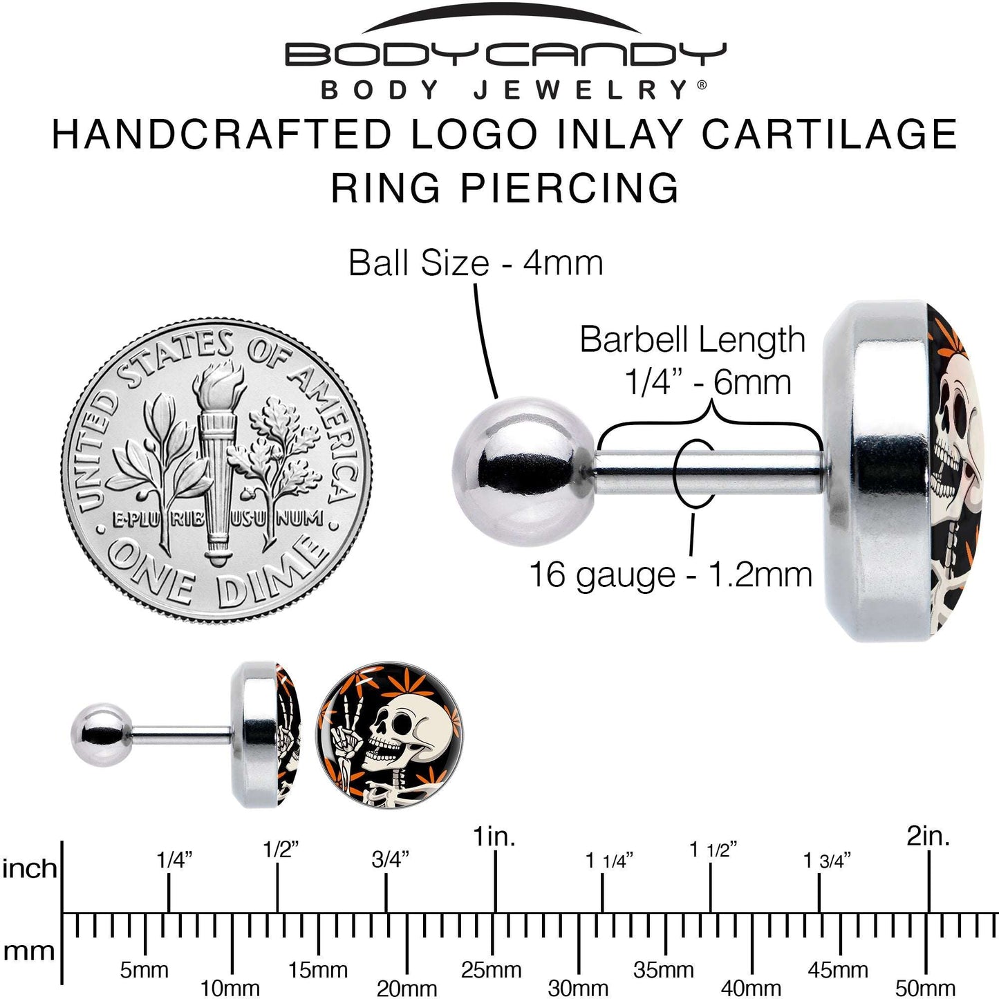 16G 1/4 Peace Sign Skeleton Tragus Cartilage Earring by Onyx O