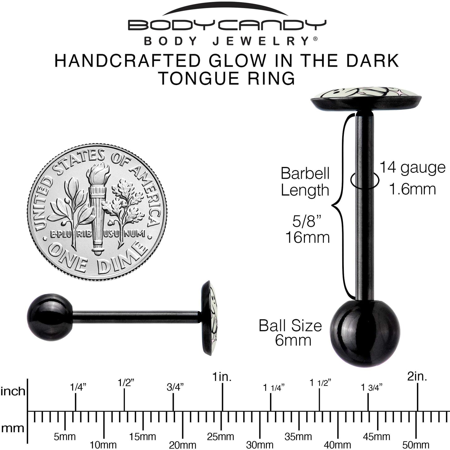 Glow in the Dark Black Anodized Halloween Ghost and Dog Barbell Tongue Ring by Onyx O