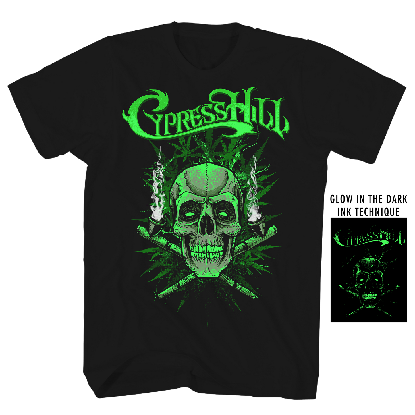 CYPRESS HILL GLOW IN THE DARK GANJA SKULL BLACK T-SHIRT
