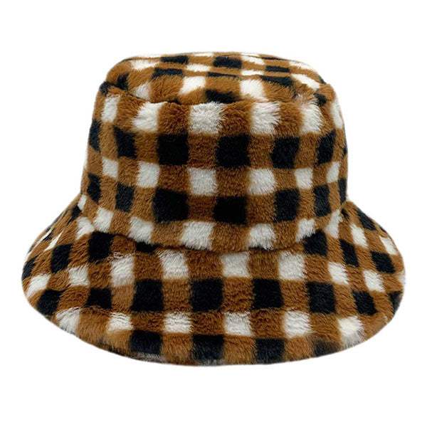 Checkered Faux Fur Bucket Hat - Madeline Love - Flyclothing LLC