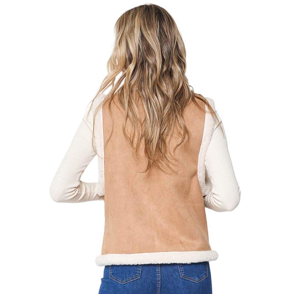 Faux Suede Sherpa Vest with Front Pockets - Madeline Love - Flyclothing LLC