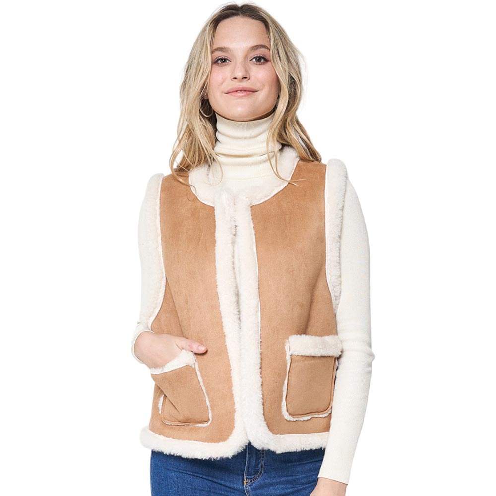 Faux Suede Sherpa Vest with Front Pockets - Madeline Love - Flyclothing LLC