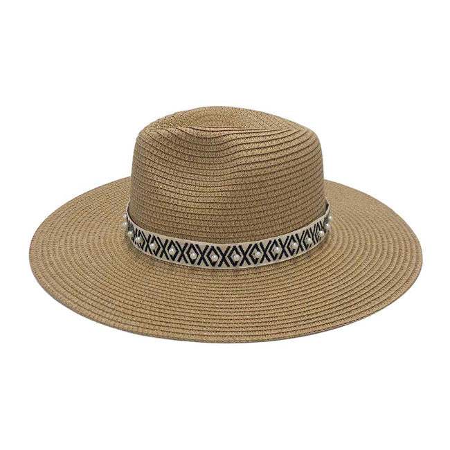 Pearl Embellished Aztec Band Panama Sun Hat - Madeline Love - Flyclothing LLC