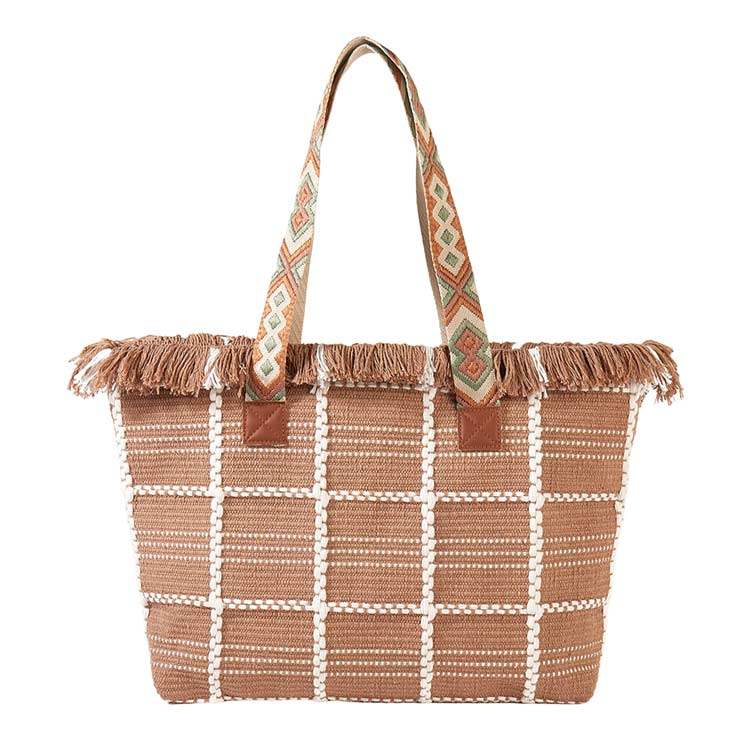 Top Fringe Pointed Check Patterned Tote Bag - Madeline Love - Flyclothing LLC