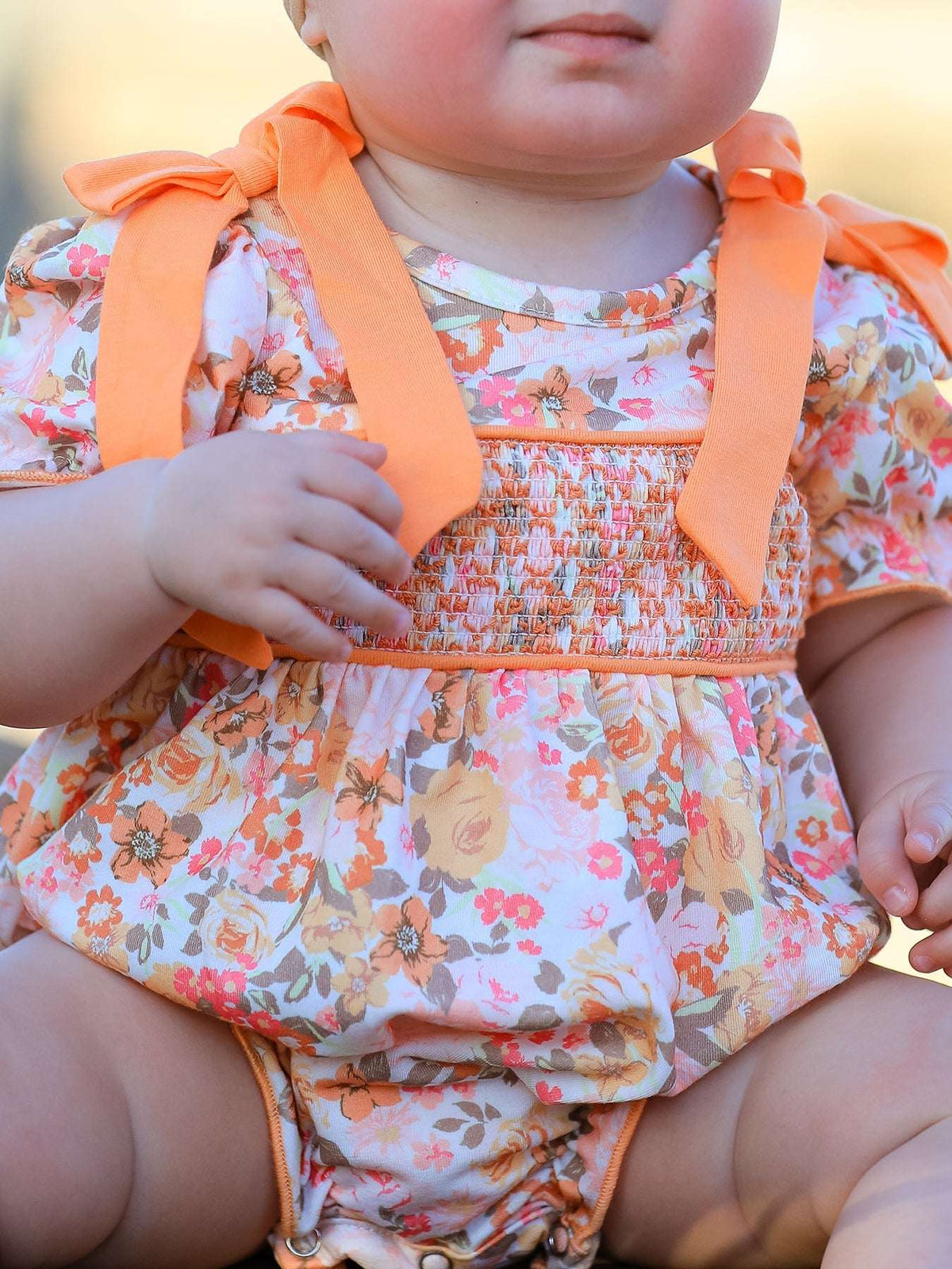 Peach Bow Smocked Floral Baby Bubble - Rylee Faith Designs - Flyclothing LLC