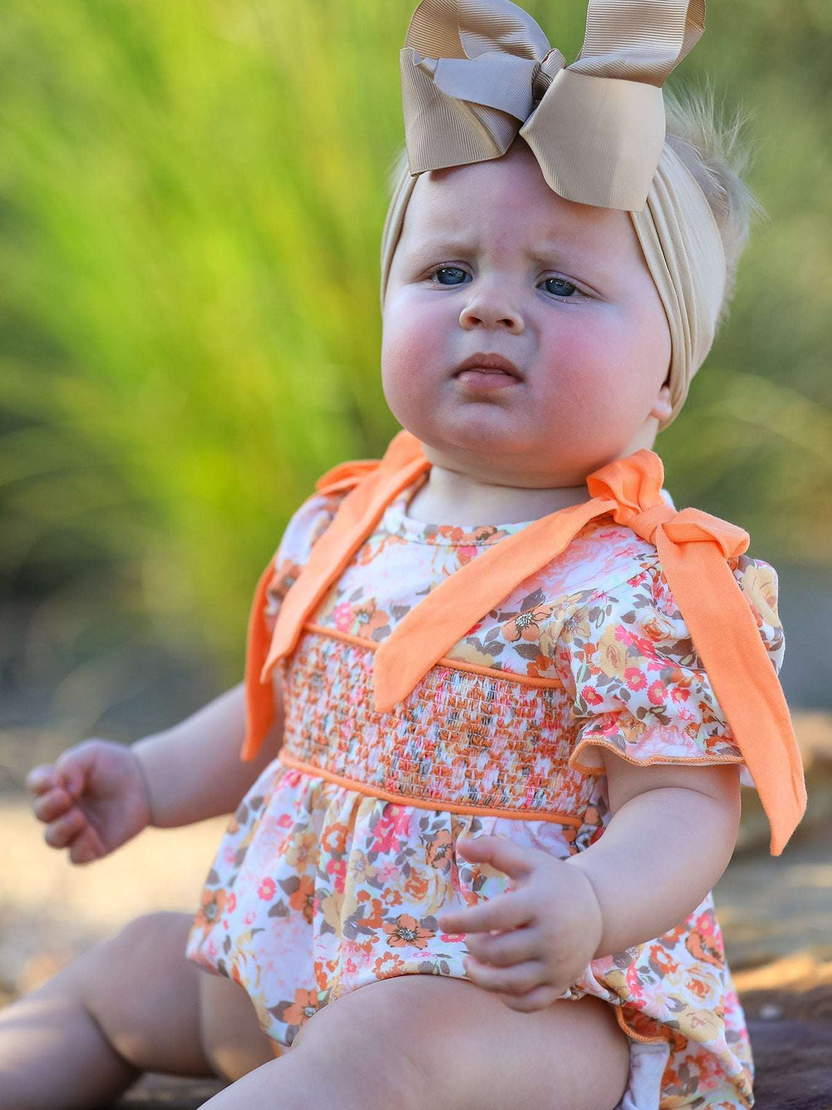 Peach Bow Smocked Floral Baby Bubble - Rylee Faith Designs - Flyclothing LLC