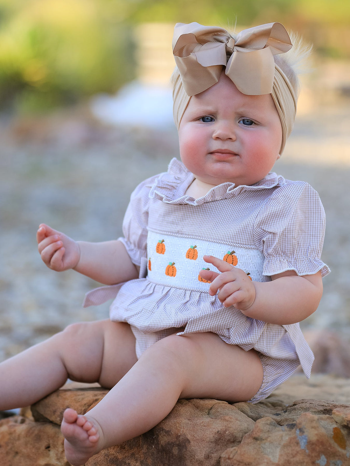 Fall Halloween & Thanksgiving Pumpkin Embroidery Smock Plaid Baby Girl Romper - Rylee Faith Designs - Flyclothing LLC