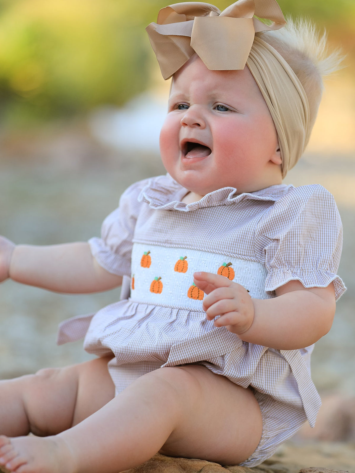 Fall Halloween & Thanksgiving Pumpkin Embroidery Smock Plaid Baby Girl Romper - Rylee Faith Designs - Flyclothing LLC