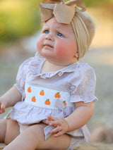 Fall Halloween & Thanksgiving Pumpkin Embroidery Smock Plaid Baby Girl Romper