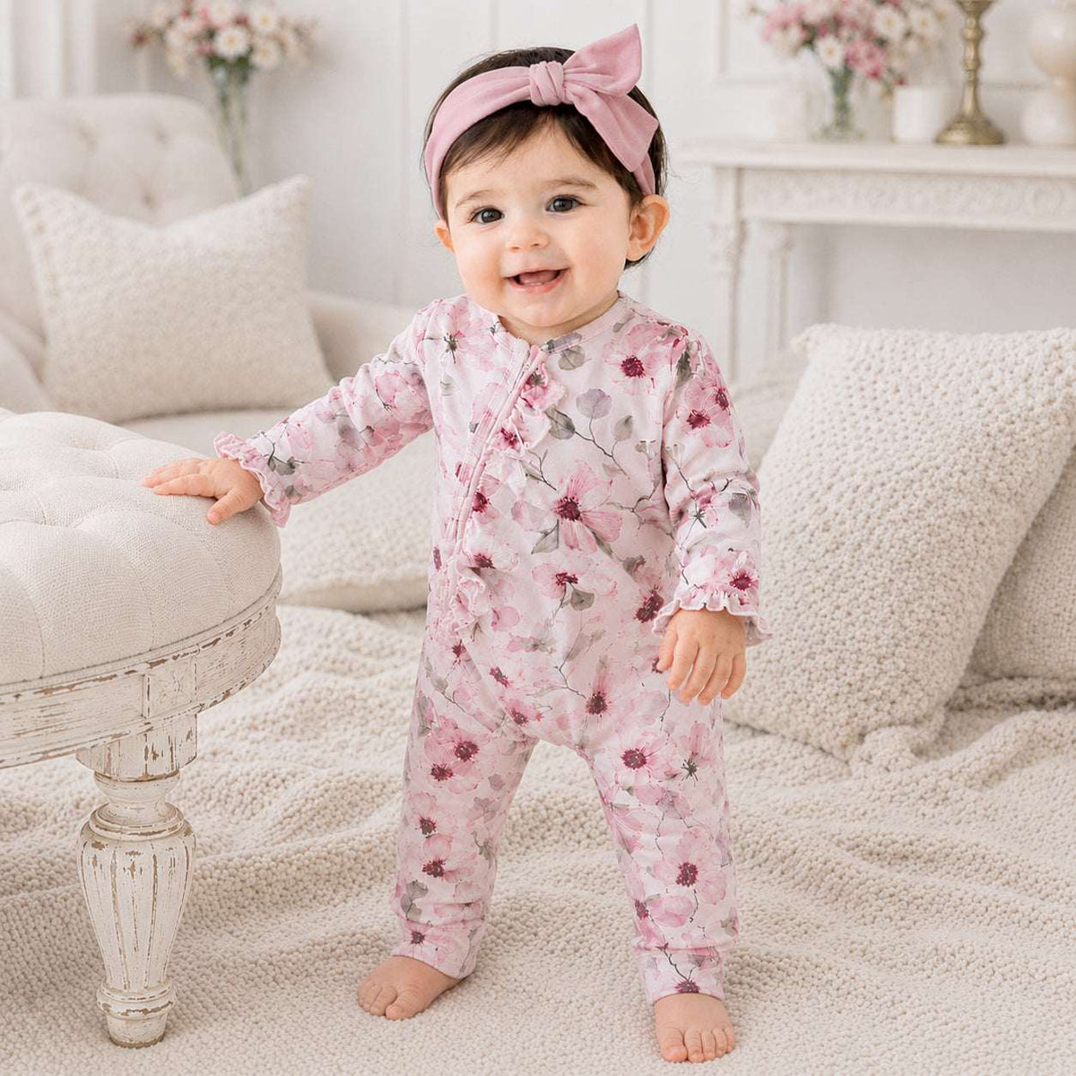 Watercolor Floral Zipper Bamboo Romper - Convertible Cuffs - Tesa Babe - Flyclothing LLC