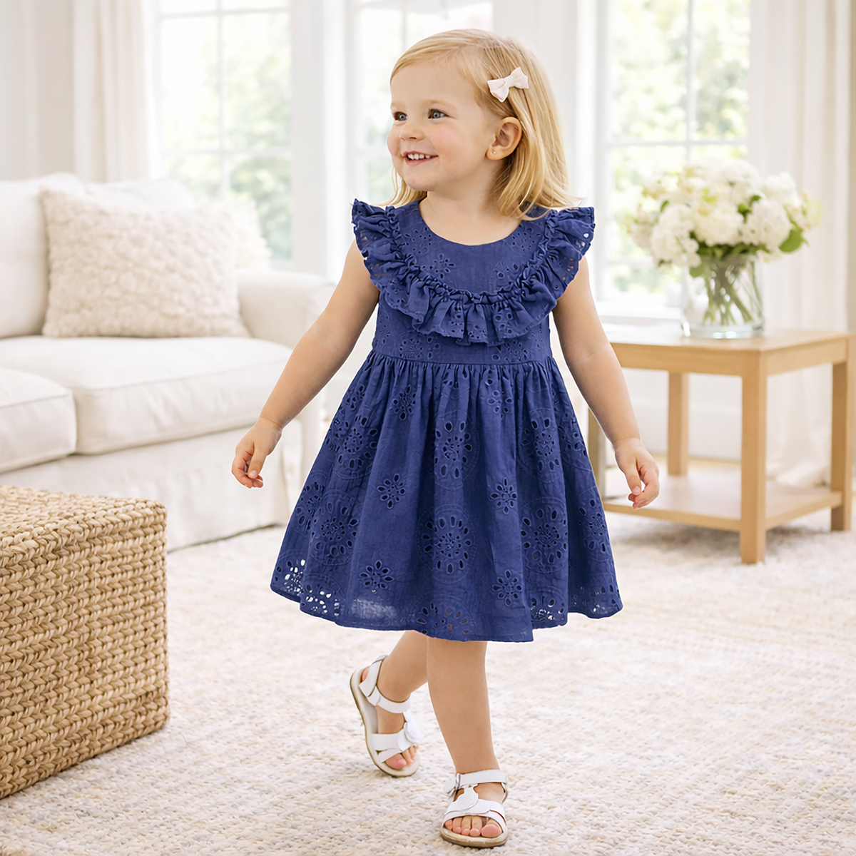 Girls' Eyelet Ruffle Dress - Cotton Blue Embroidered - Tesa Babe - Flyclothing LLC