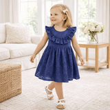 Girls' Eyelet Ruffle Dress - Cotton Blue Embroidered - Tesa Babe - Flyclothing LLC