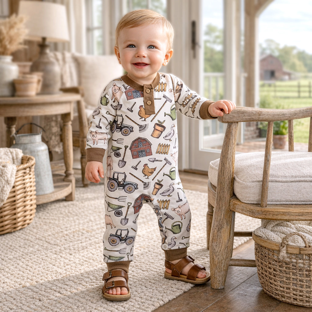 Farmer's Market Baby Henley Romper - Bamboo One Piece - Tesa Babe - Flyclothing LLC