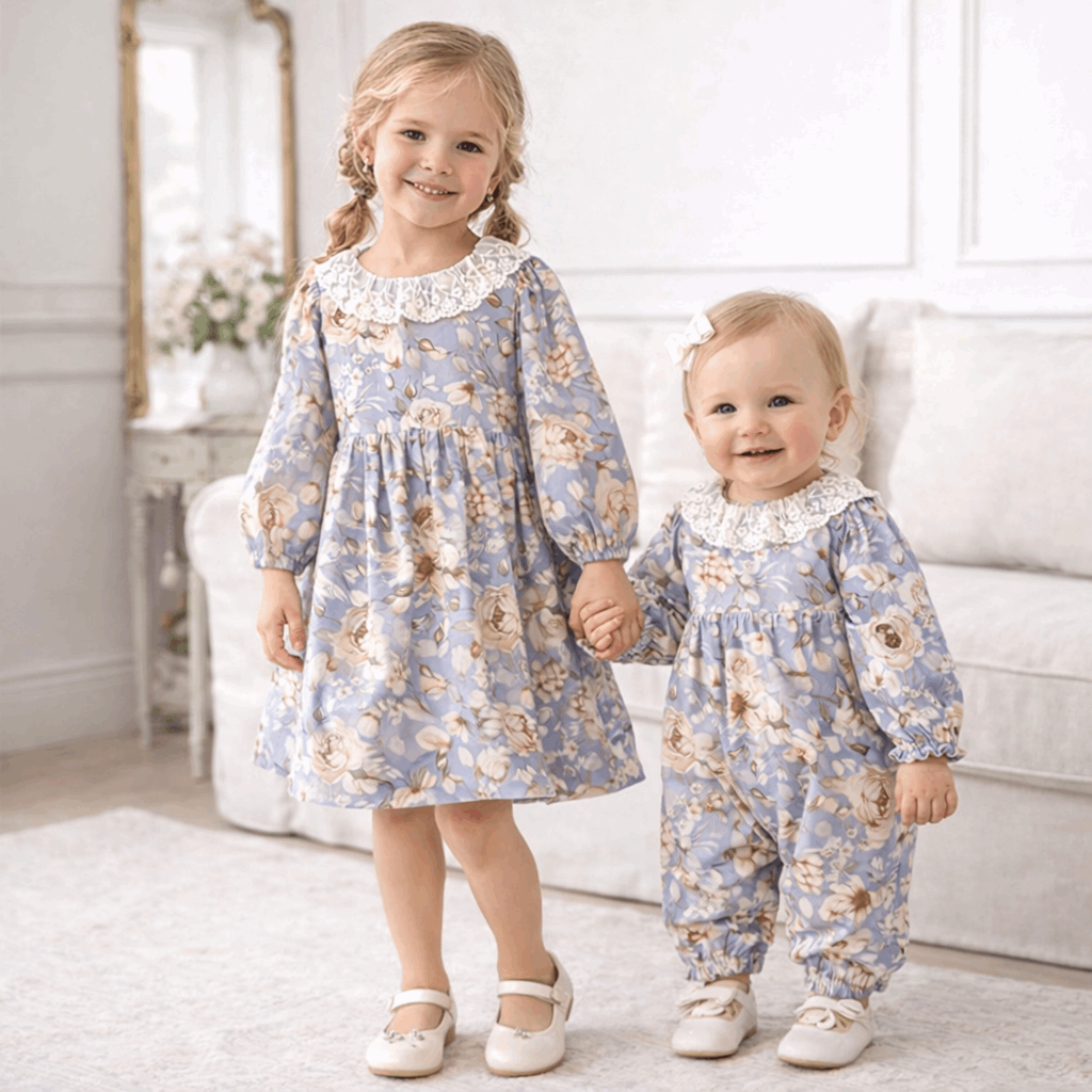 Blue Floral Vintage Linen Baby Romper With Lace Collar - Tesa Babe - Flyclothing LLC
