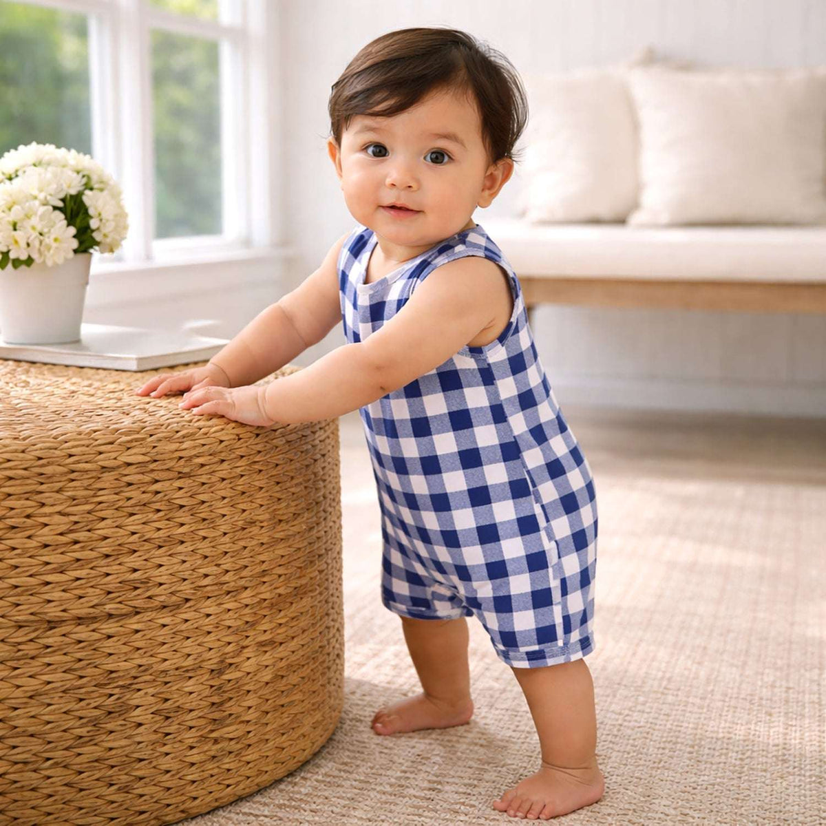 Picnic Plaid Soft Bamboo Sleeveless Baby Shortall Romper - Tesa Babe - Flyclothing LLC