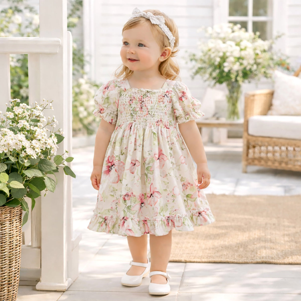 Blush Bouquet Smocked Bodice Puff Sleeve Dress - Tesa Babe - Flyclothing LLC