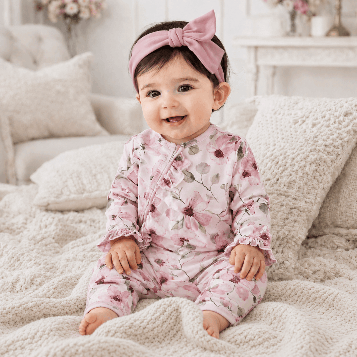 Watercolor Floral Zipper Bamboo Romper - Convertible Cuffs - Tesa Babe - Flyclothing LLC