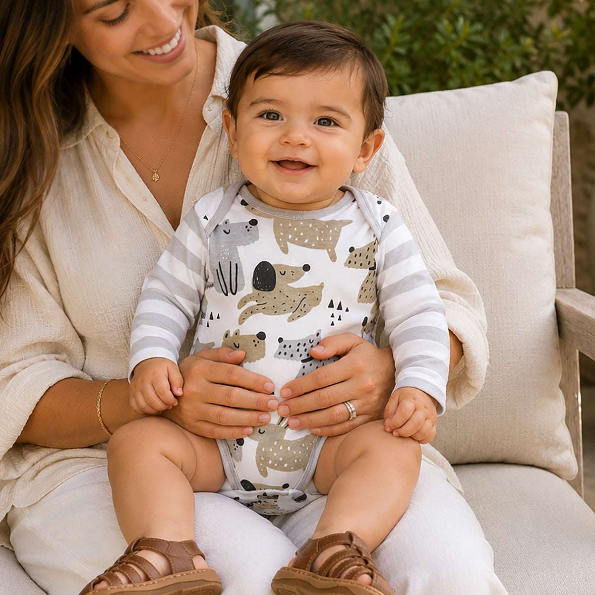 Puppy Dog Print Baby Bodysuit – Cotton Stripe Sleeve - Tesa Babe - Flyclothing LLC