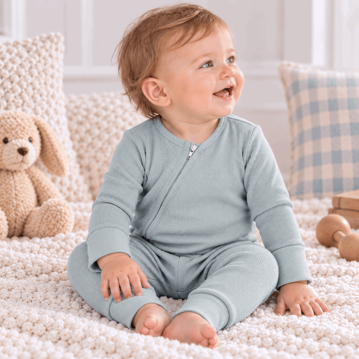 Cotton Baby Zipper Romper With Convertible Cuffs-Blue - Tesa Babe - Flyclothing LLC