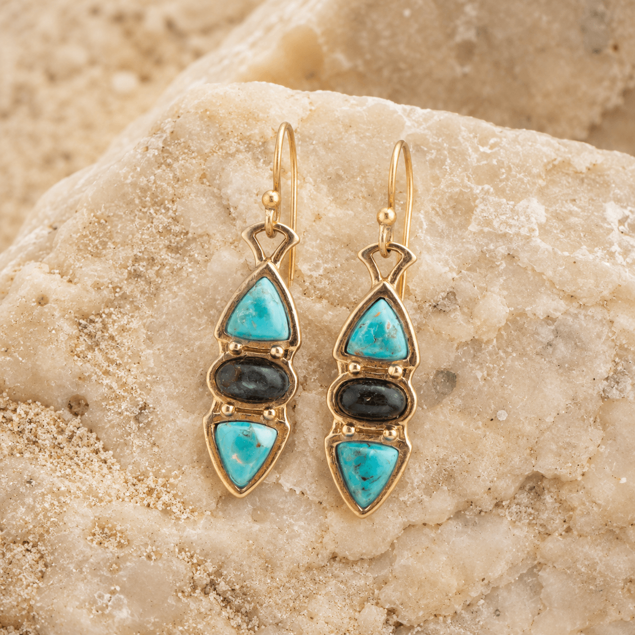 Blue Turquoise and Grey Labradorite Golden Drop Earrings - Barse Jewelry - Flyclothing LLC
