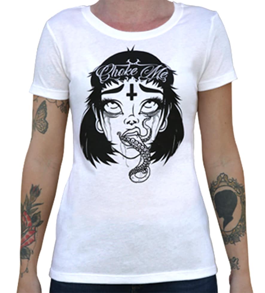 Black Market Art Company Choke Me Black White Women's Loose Neck T-Shirt